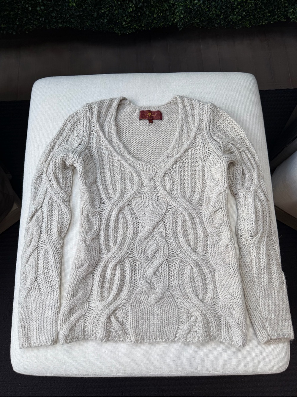 NWOT 7 For All Mankind Alpaca Cable Knit V-Neck Sweater in Light Beige/Ecru